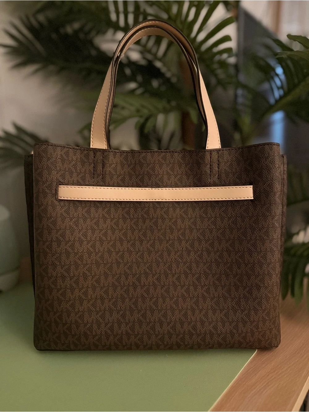 Michael Kors Brown Logo Satchel with Beige Trim